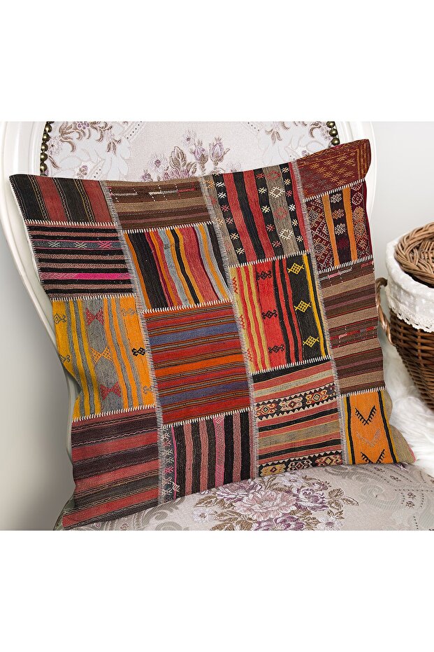 Patchwork Patterned Ethnic Patterned Digital Printed Pillow Cushion Cover on Red Background - 2