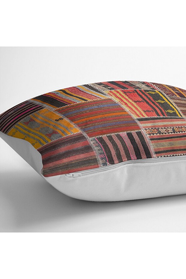 Patchwork Patterned Ethnic Patterned Digital Printed Pillow Cushion Cover on Red Background - 4