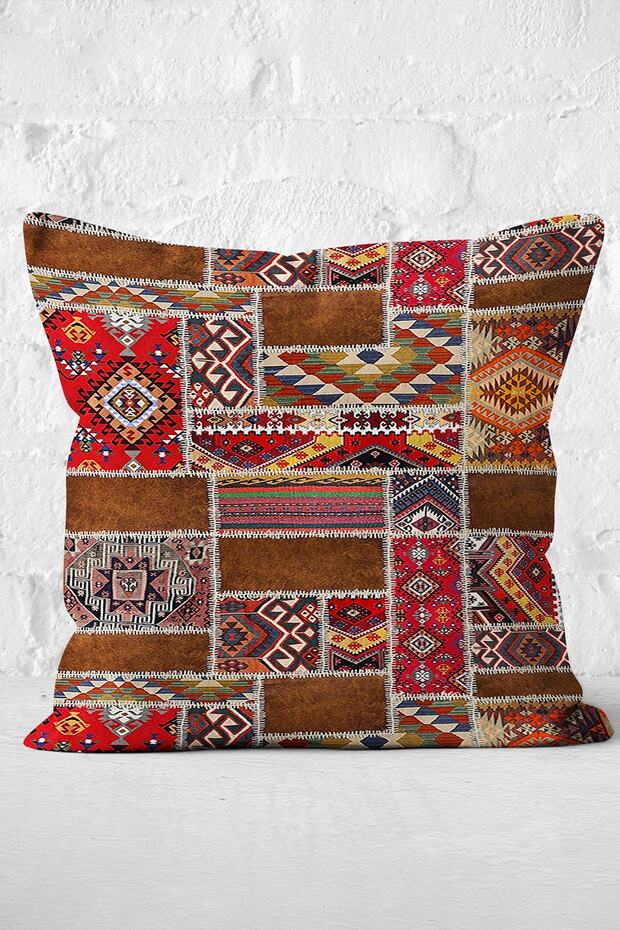 غطاء وسادة مطبوع رقميًا بتصميم عرقي مع زخارف مرقعة على خلفية حمراء - 3