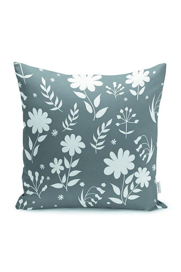 Digital Printed Pillow and Throw Pillow Cover with Leaf Motif and Floral Pattern on Gray and White Background