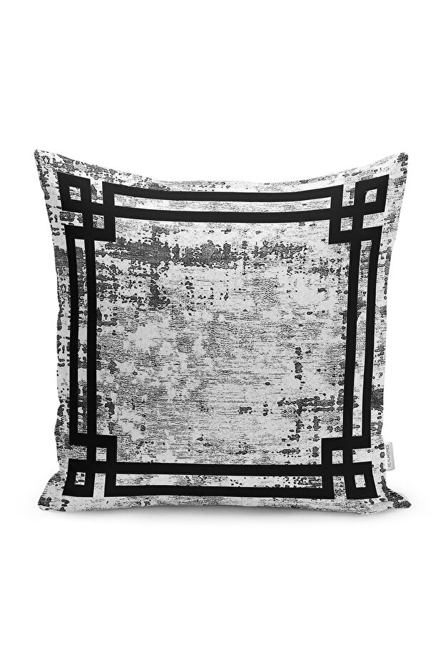 Gray - Antique Patterned Digital Printed Pillow and Cushion Cover with Framed Motifs on Cream Floor