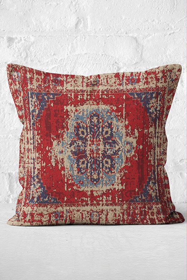 Digital Printed Pillow and Cushion Cover with Local Motif and Rug Pattern on Red Background - 3