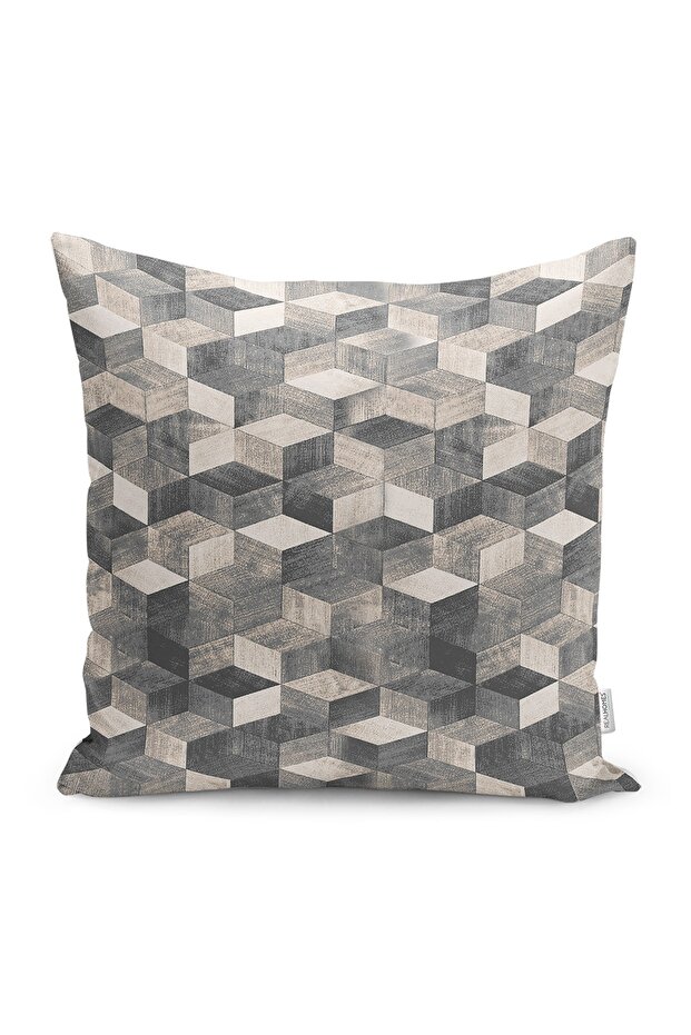 Beige - Gray Knit Motif Geometric Patterned Digital Printed Pillow Throw Pillow Cover on Gray Background