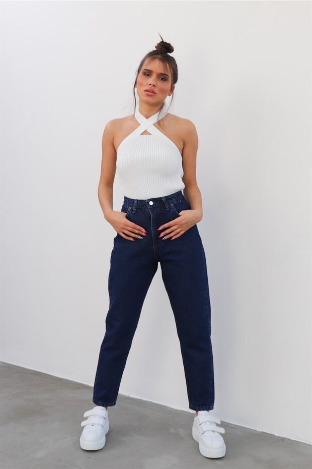Asya Xtc Dark Blue Colorfast Mom Jean Women Boyfriend High Waist Power Lycra