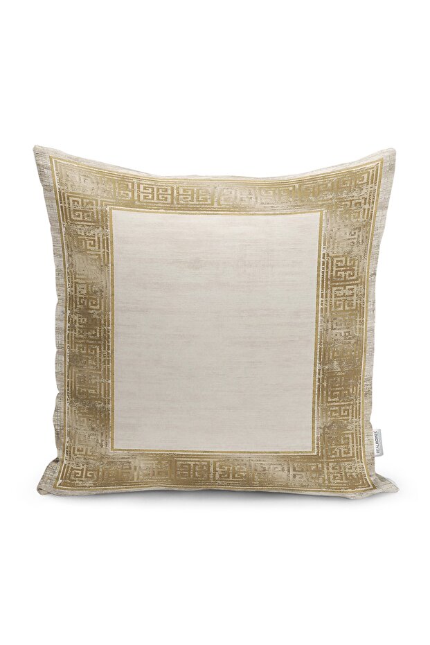 Cream - Gold Patterned Digital Printed Pillow and Cushion Cover with Framed Motif on Gold Floor