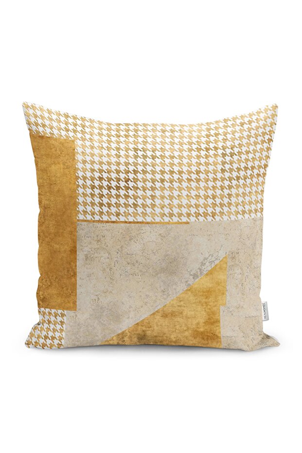 Digital Printed Pillow and Cushion Cover with Geometric Motif and Houndstooth on Gold Floor