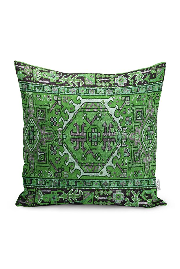 Digital Printed Pillow and Throw Pillow Cover with Traditional Motif Rug Pattern on Green Background