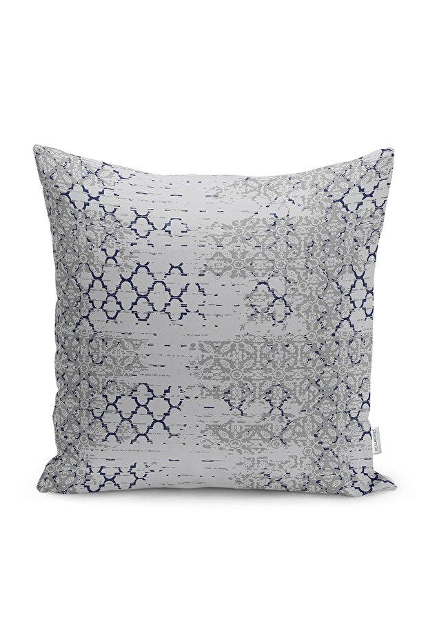 Gray - Dark Blue Antique Patterned Digital Printed Pillow Throw Pillow Cover with Morrocan Motif on the Floor