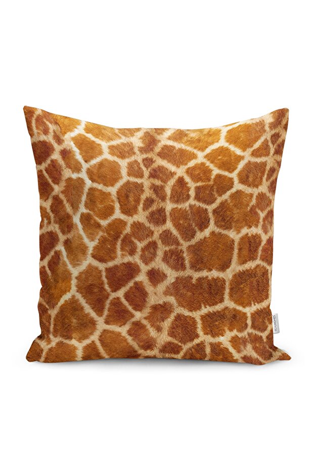 Digital Printed Pillow and Cushion Cover with Giraffe Motif and Fur Pattern on Brown Background