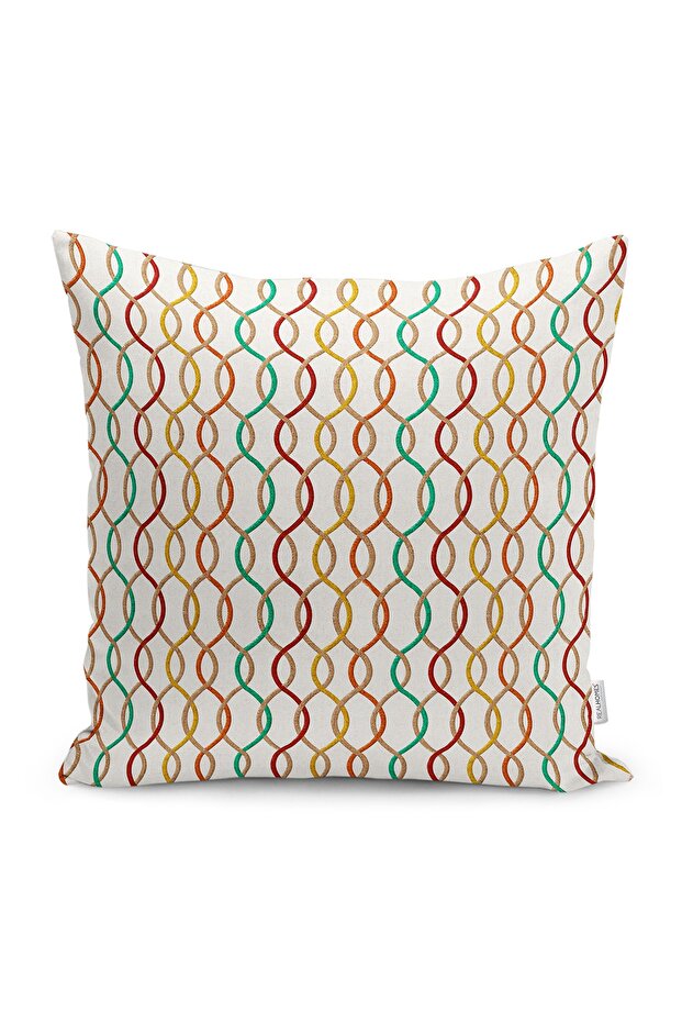 Ecru - Beige Geometric Motif Rug Patterned Digital Printed Pillow Cushion Cover on the Floor
