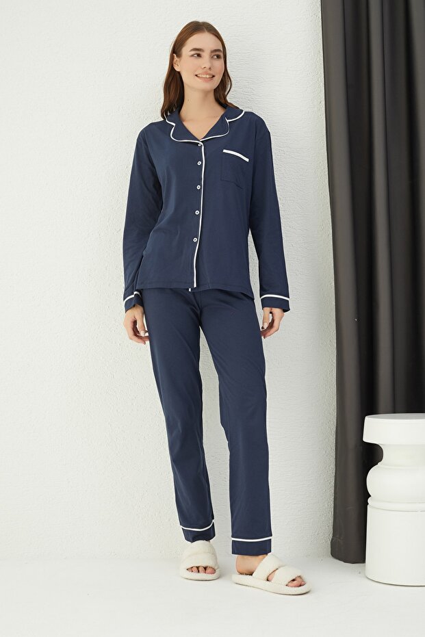 طقم بيجامة قطنية بأزرار - 2