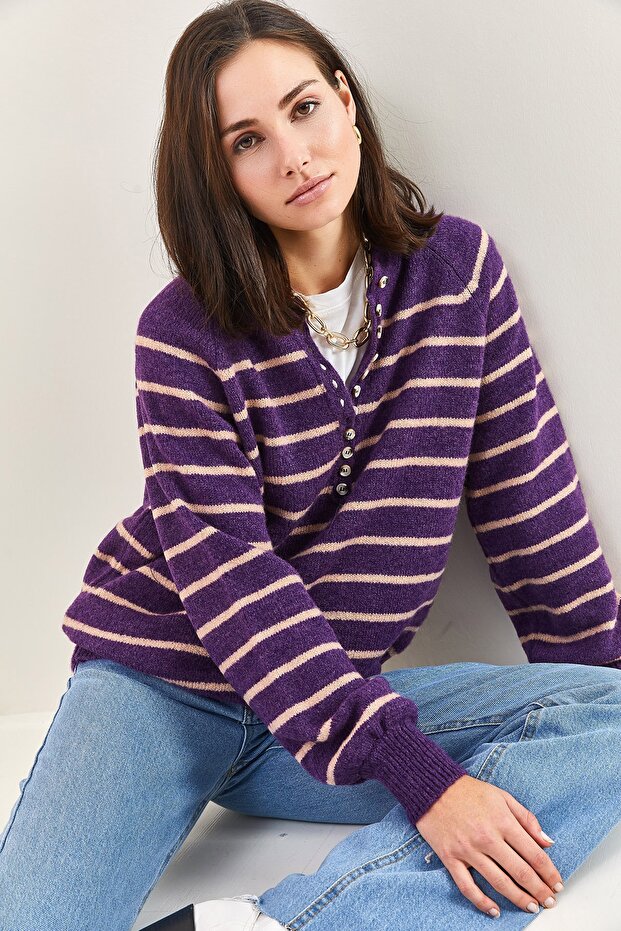 Women's Purple Beige Collared Knitted Turtleneck Striped Sweater 20223207