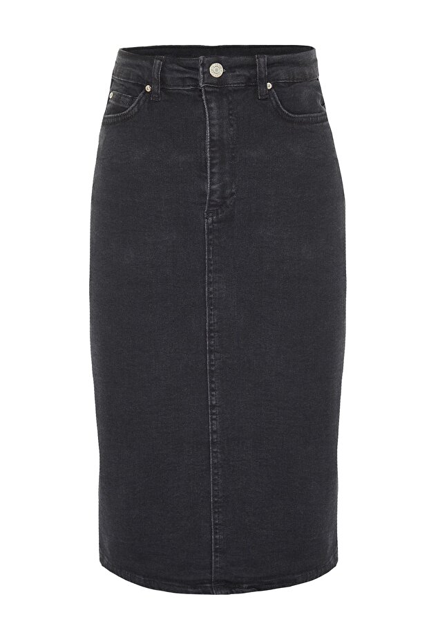 Siyah Yüksek Bel Midi Kalem Comfort/Esnek Denim Etek TWOSS21ET0297 - 5