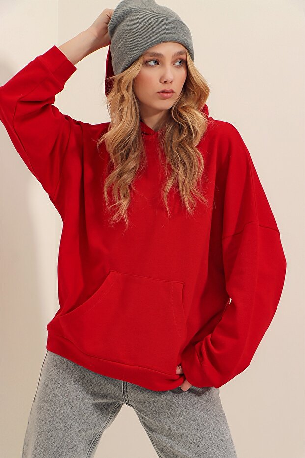 Women's Red Hooded Kangaroo 3 Thread Thick Sweatshirt with Pockets ALC-531-009