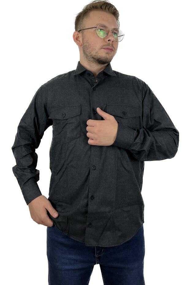 Classic Double Pocket Flap Plain Melange Black Winter Men's Shirt