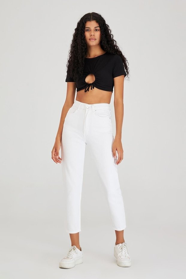 Coral Women's White Color 100% Koton Denim Fabric Mom Fit High Waist Jeans