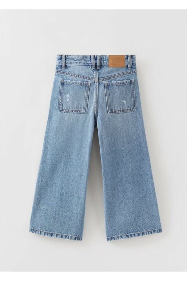 Kız Çocuk Denim Bol Paça Kot Pantolon Yırtıklı (ayarlanabilir Bel) Extreme Wide Leg Jeans - 2