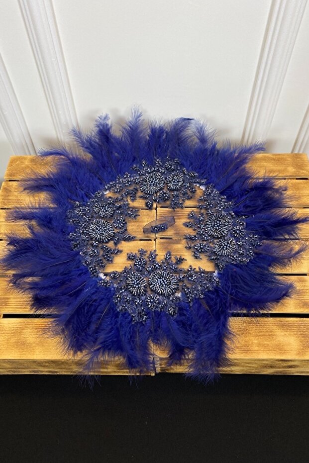 Navy Blue Vip Deluxe Bridal Handkerchief, Beaded Pearl Sequin Detailed Luxury Laced