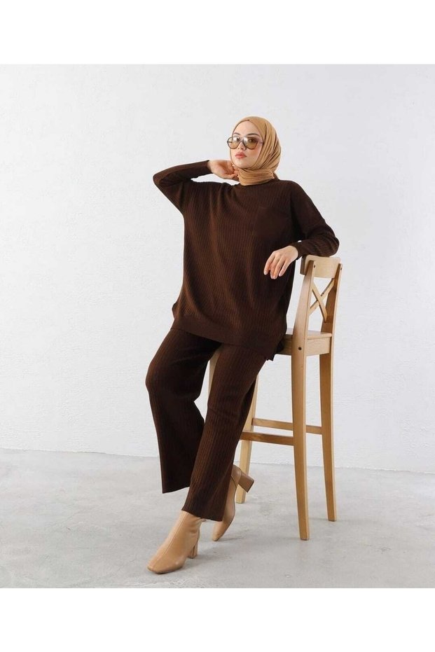 Women's Pocket Detailed Tunic and Trousers Corded Knitwear Set