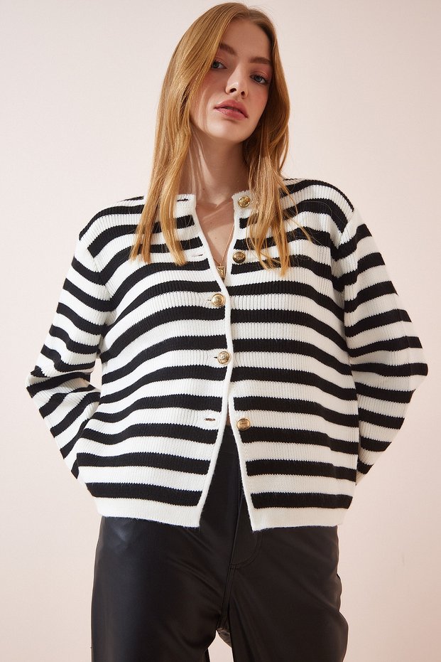 Women's Ecru Black Padded Striped Knitwear Cardigan US00859