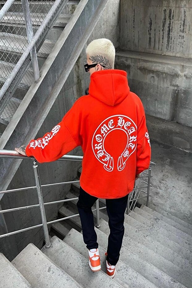 Large Size Hooded Horse Back and Sleeve Text Detail Oversize Sweatshirt