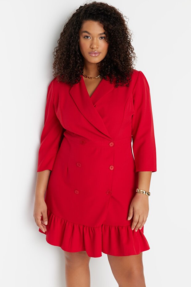 New Year Red Plus Size Unlined Three Quarter Sleeve Mini/Short Length Woven Jacket Dress Tbbaw23Ah00042 - 3
