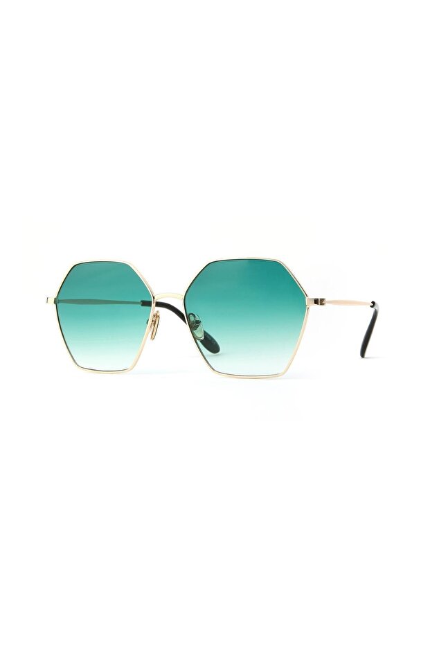 Women's Sunglasses Hexagon Design Gold Frame Green Glass