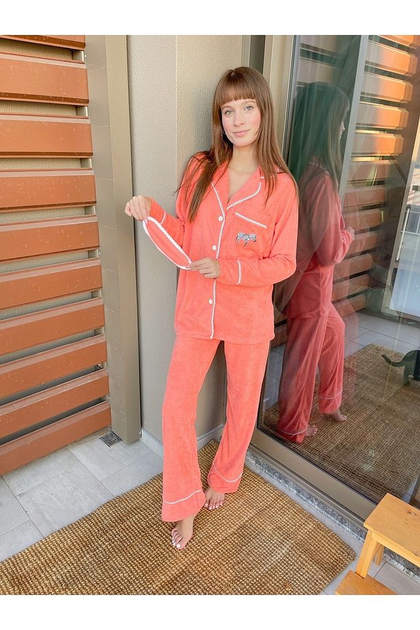 Mercan Rengi Zebra Nakışlı Pijama Takımı - 3