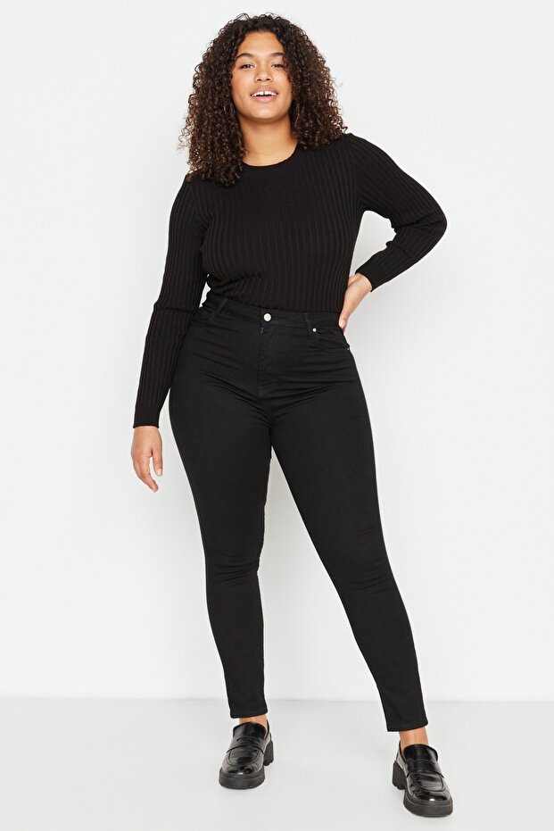 Solmayan Siyah Yüksek Bel Esnek/Stretch Büyük Beden Skinny Jeans TBBAW23CJ00061 - 7