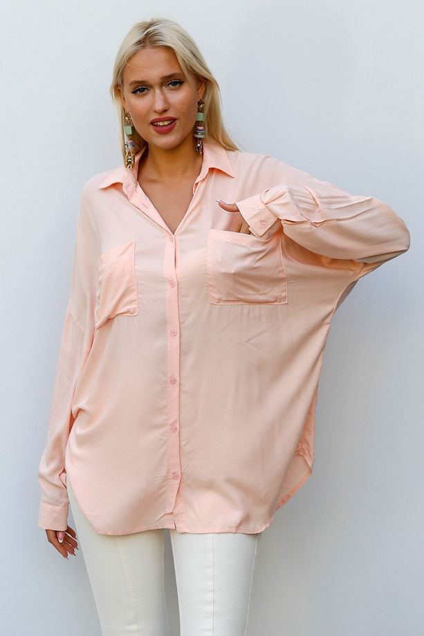 Kadın Pudra Uzun Kol Düğmeli Çift Cepli Maxi Oversize Casual Viskon Dokuma Gömlek - 4