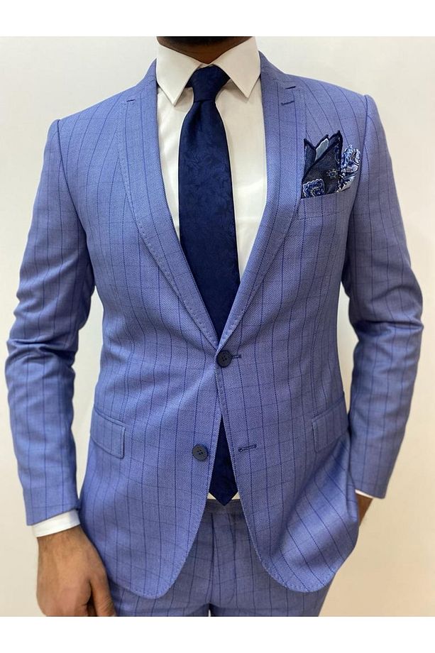 Interview Açık Mavi Desenli Tek Yırtmac Slim Fit Takım Elbise - 2