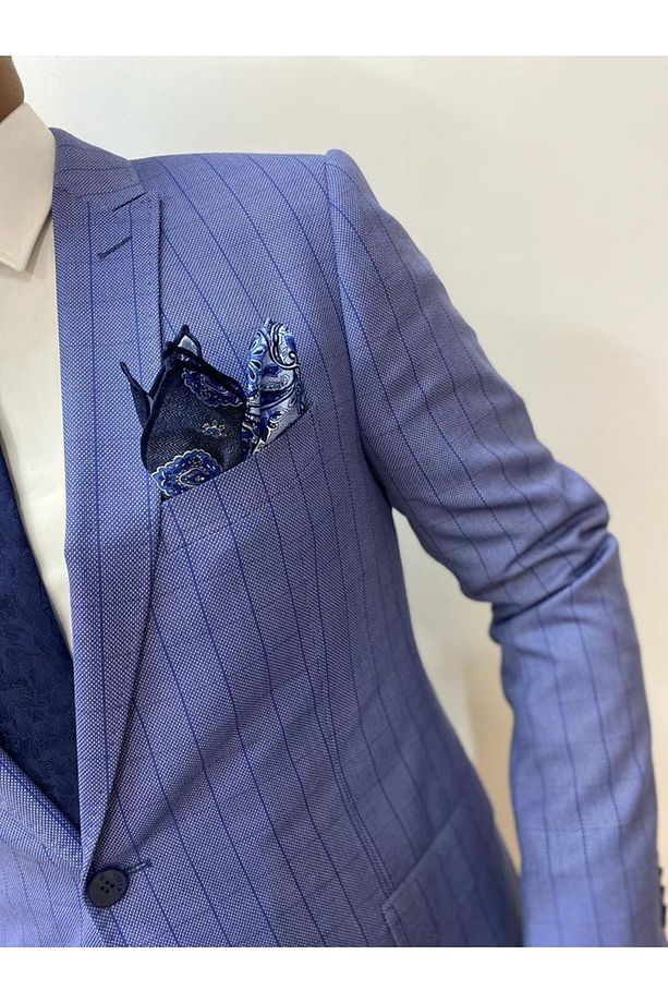Interview Açık Mavi Desenli Tek Yırtmac Slim Fit Takım Elbise - 3