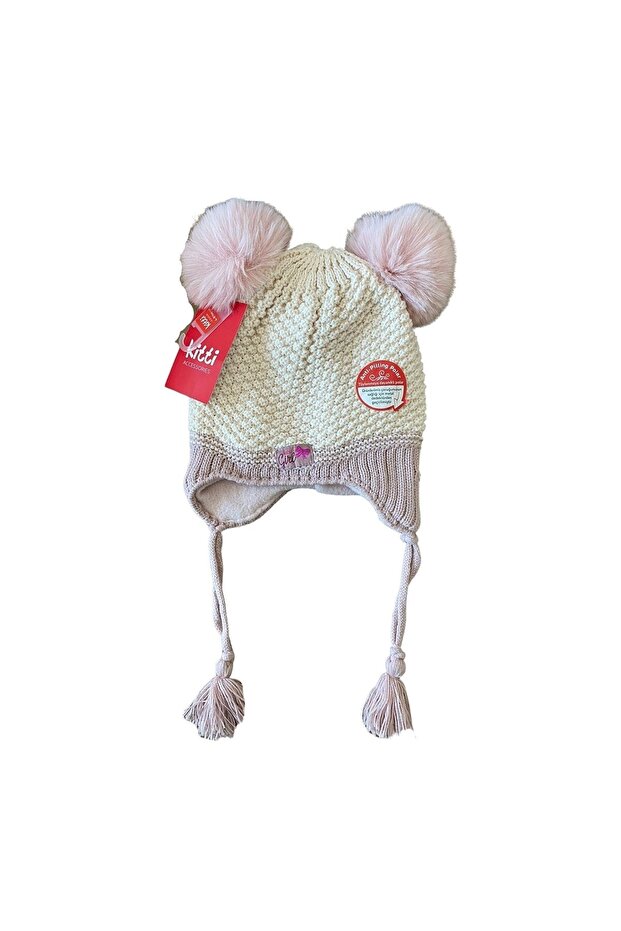 Children's Beanie with Double Pompoms and Ears Girl Lilac
