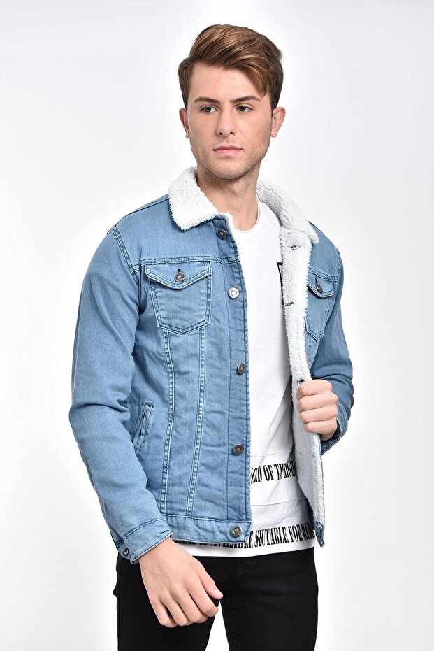 Men's Light Blue Fur Lined Slim Fit Denim Jacket & Coat