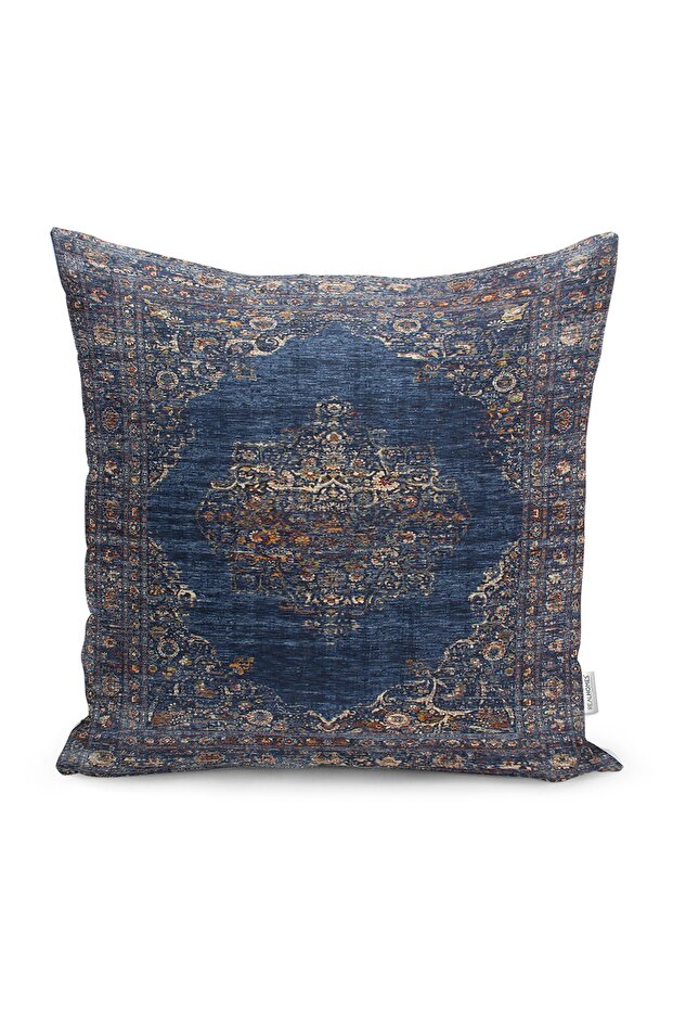 Digital Printed Pillow and Throw Pillow Cover with Ottoman Motif and Gold Detail on Dark Blue Floor