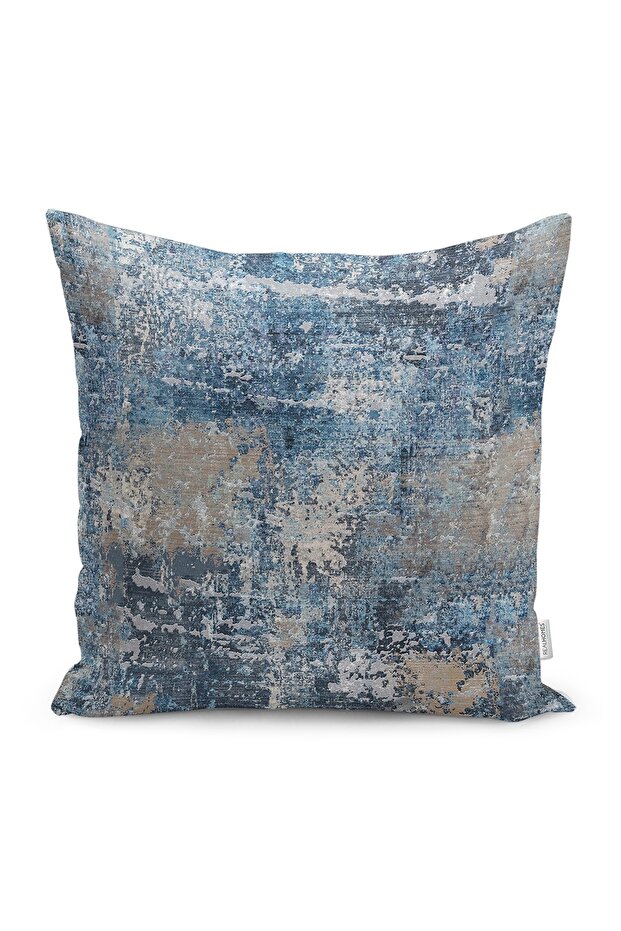 Cream - Retro Patterned Digital Printed Pillow and Throw Pillow Cover with Antique Motif on Blue Background