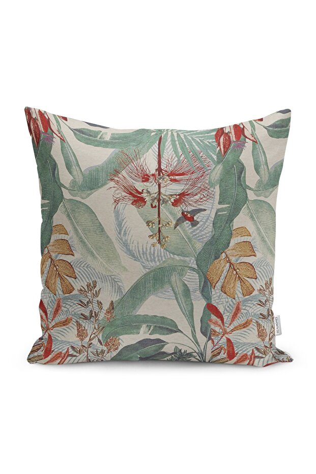 Traditional Patterned Digital Printed Pillow Cushion Cover with Flower Motif on Green Background