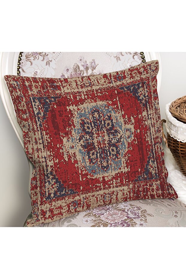 Digital Printed Pillow and Cushion Cover with Local Motif and Rug Pattern on Red Background - 2