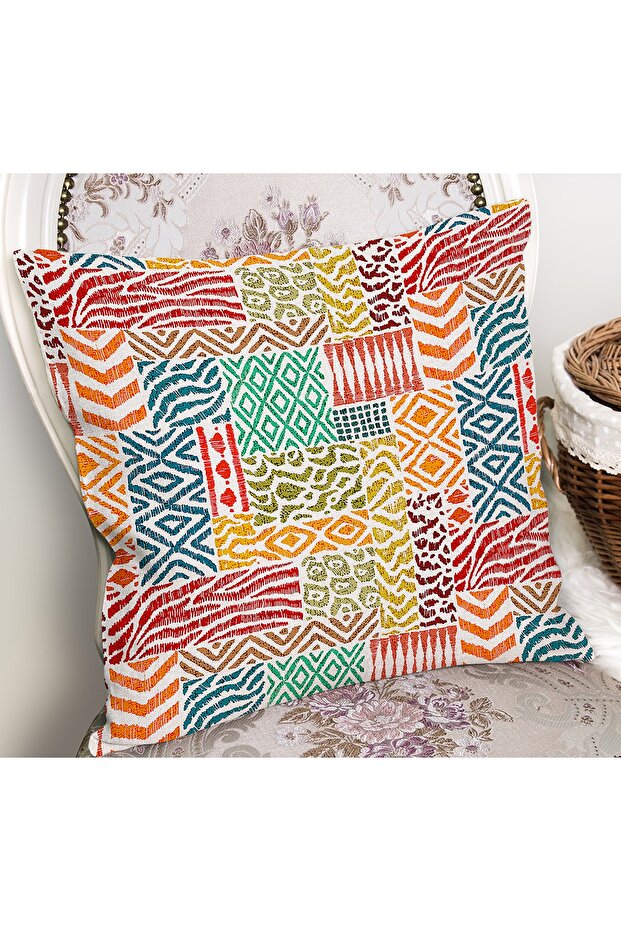 Patchwork Patterned Rug Patterned Digital Printed Pillow Cushion Cover on White Background - 2
