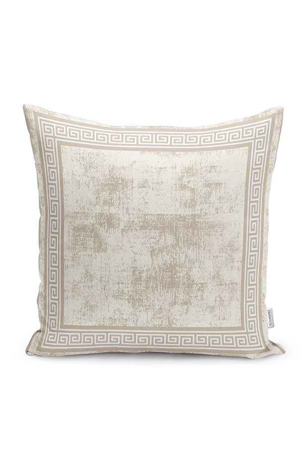Cream - Beige Framed Motif Antique Patterned Digital Printed Pillow Cushion Cover on the Floor