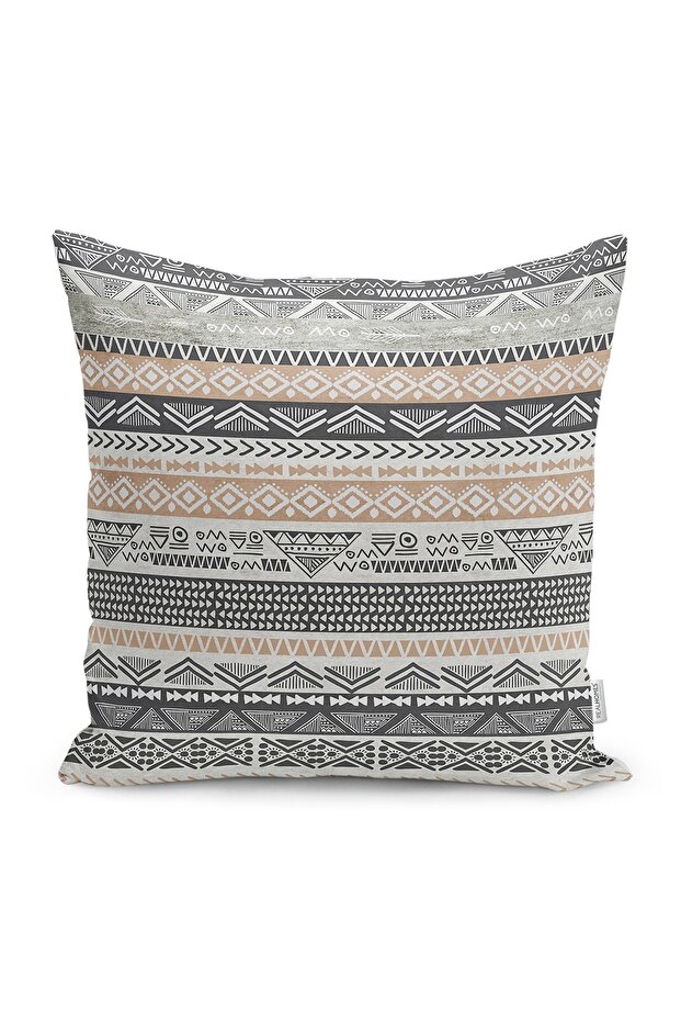 Cream - Digital Printed Pillow and Throw Pillow Cover with Scandinavian Motif Kilim Pattern on Gray Floor