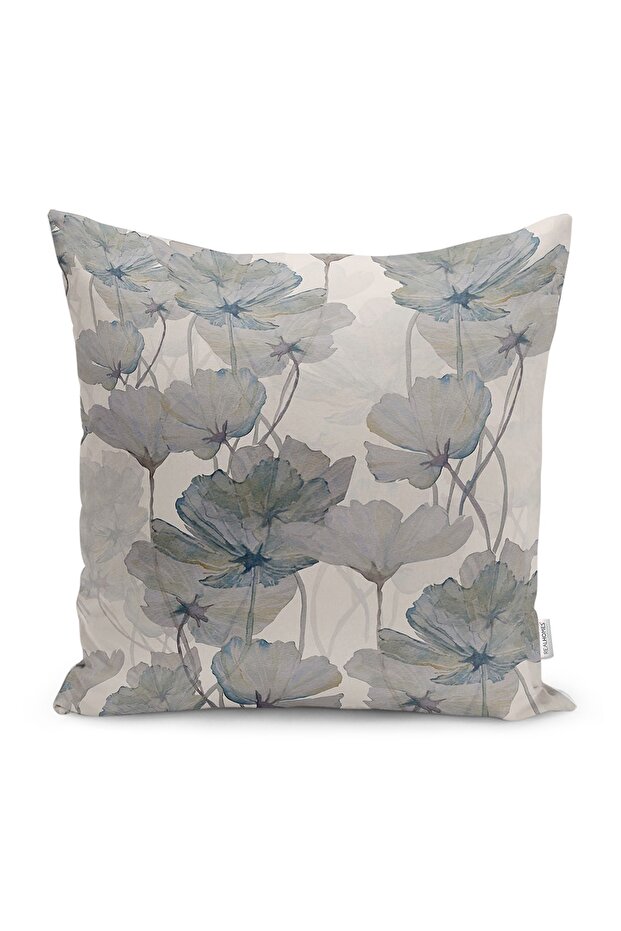 Ecru - Flower Patterned Digital Printed Pillow Throw Pillow Cover with Oil Painting on Gray Background
