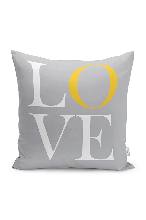 Gray - Yellow Background Love Written Motif Love Patterned Digital Printed Pillow Cushion Cover