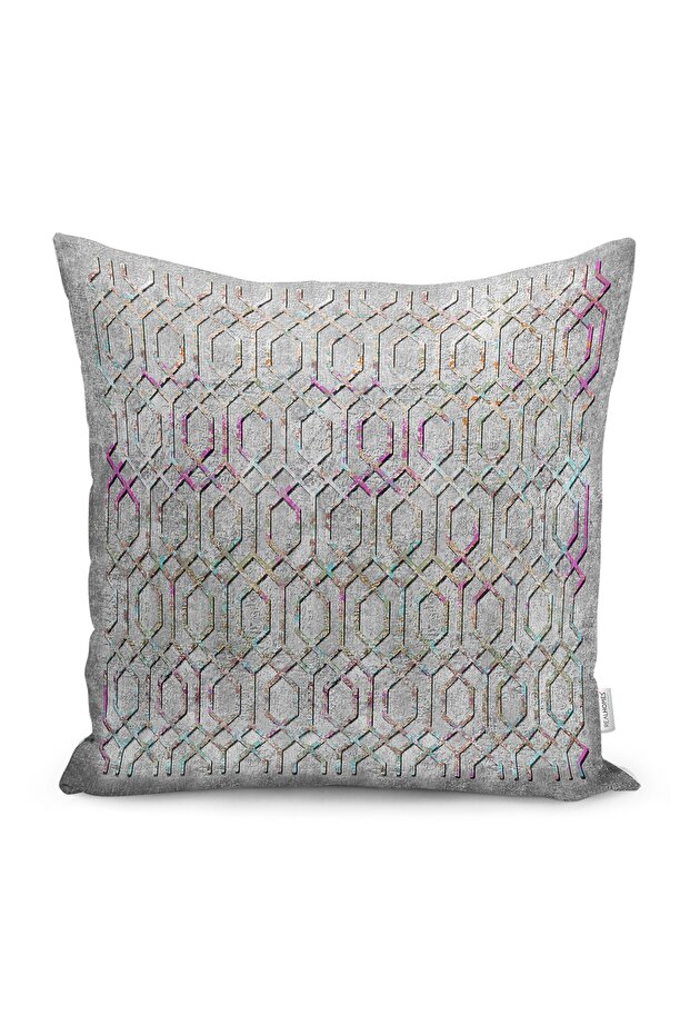 Gray - Canvas Patterned Digital Printed Pillow Cushion Cover with Geometric Motifs on Purple Background