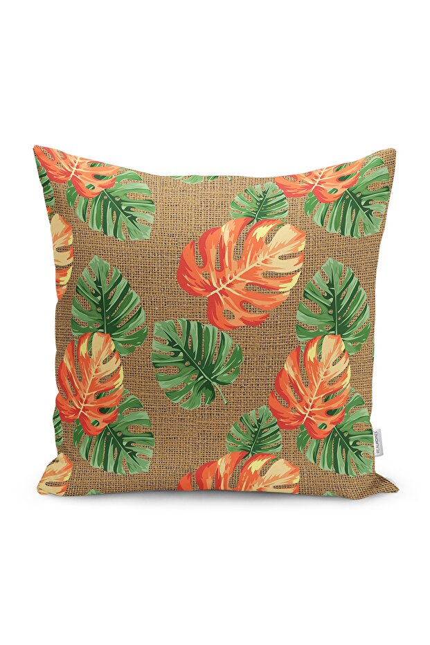 Digital Printed Throw Pillow Cover with Exotic Leaves Motifs Orange and Green Lotus Pattern on Wicker Floor