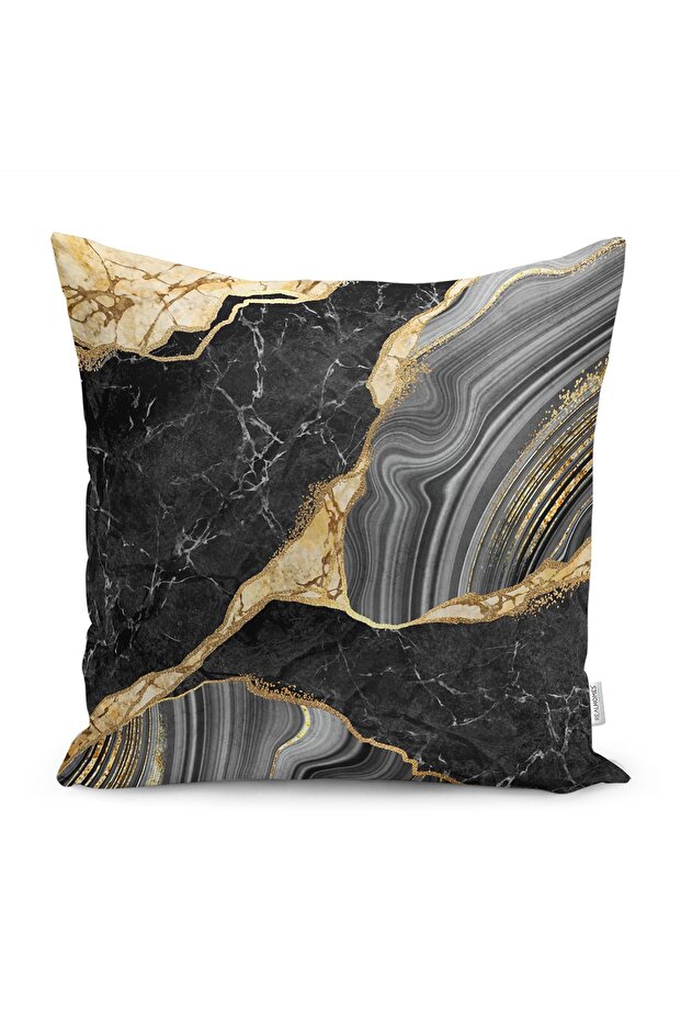Gold - Digital Printed Pillow and Throw Pillow Cover with Marble Motif on Black Background