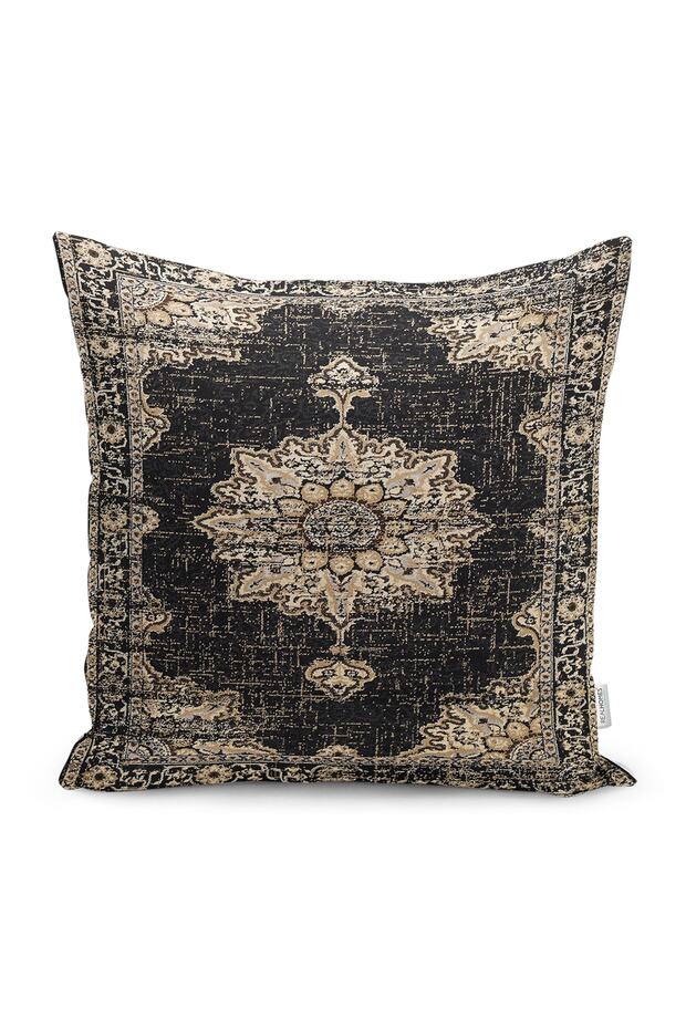 Black - Digital Printed Pillow and Throw Pillow Cover with Traditional Motif on Cream Floor