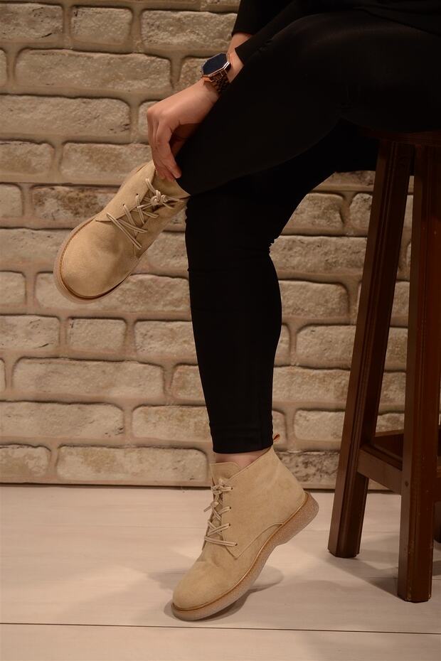 Kadın Krem Süet Bağlı Haşpapi Düz Taban Bot&bootie - 3