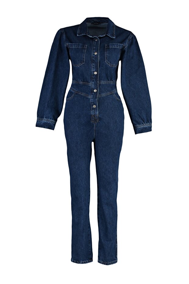 Lacivert Balon Kollu Denim Tulum TWOAW22TU0041 - 7