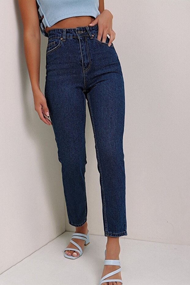 Evolution Dark Blue Colorfast Mom Jean Women's Boyfriend High Waist Power Lycra